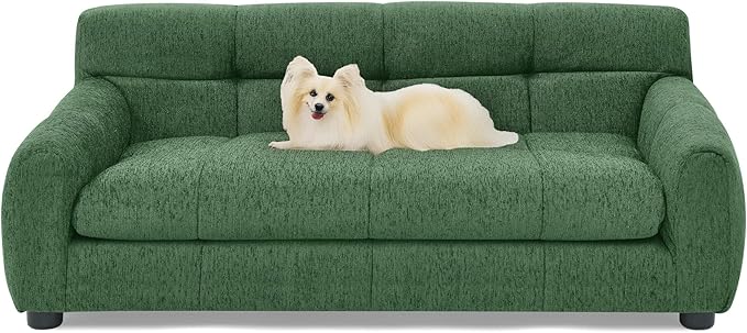 Dog Couch Bed, Mini Sofa for Dogs with Backrest and Armrest, Durable Pet Sofa with Soft Foam Cushion, Elevated Dog Couch Bed with Legs for Medium and Large Dogs, Emerald Green-PawvioPets
