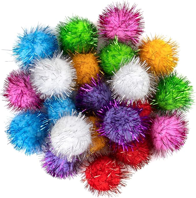 AUEAR, 20 Pack Sparkle Balls 1.5 Inches Tinsel Poms for Cats Pets Assorted Colors-PawvioPets