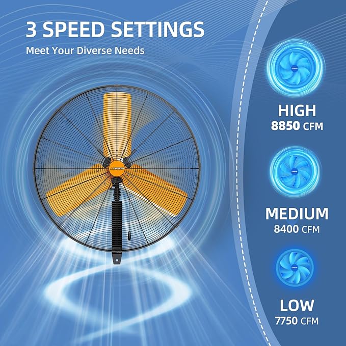 30 inch Oscillating High Velocity Wall Mount Fan, 8550 CFM Industrial Heavy Duty Metal Wall Fans, 3 Speeds, Adjustable Height and Tilt, Commercial Shop Fan for Garage, Workshop-PawvioPets