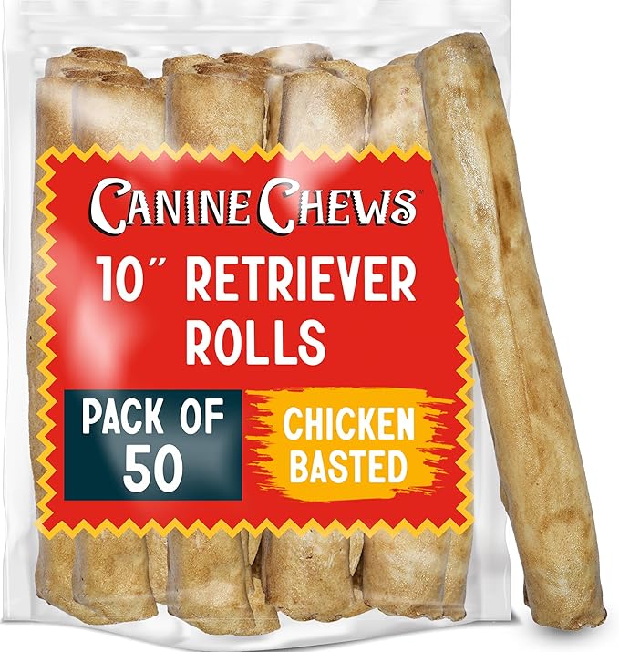 Canine Chews 10" Chicken Basted Dog Rawhide Retriever Rolls (50 Pack) - Natural Beef Dog Rawhide Chews - Healthy Dental Chews-PawvioPets