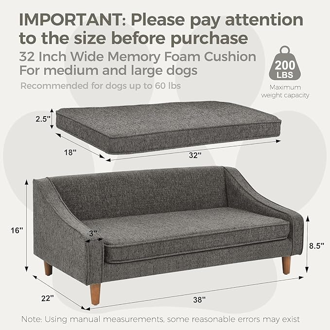 Dog Sofa Couch for Medium to Large Dogs, Durable Pet Sofa with Washable Fabric, Elevated Mini Dog Bed with Wooden Legs for Medium and Large Dogs, Dark Grey-PawvioPets