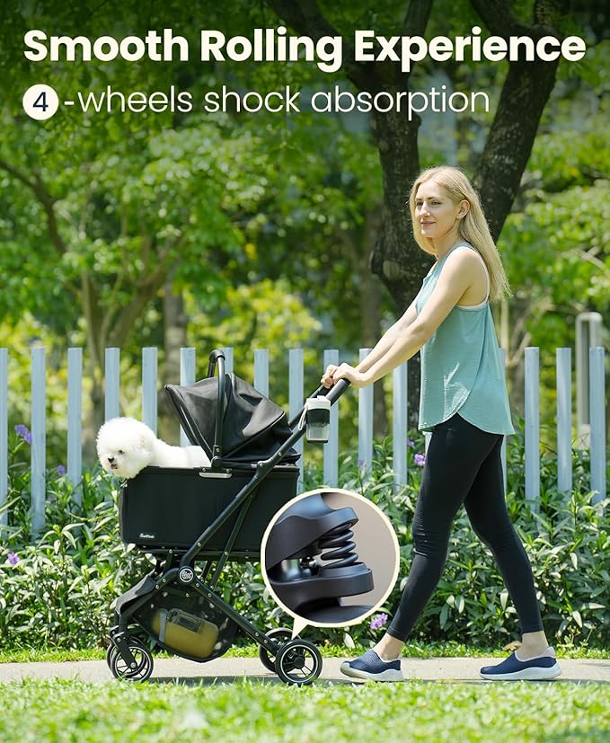 4 Wheels Pet Stroller, Dog Stroller for Small/Medium Dogs and Cats up to 33 lbs, One-Click Fold & Draggable, Removable Carrier, Zipperless Entry, Mesh Windows, Black-PawvioPets