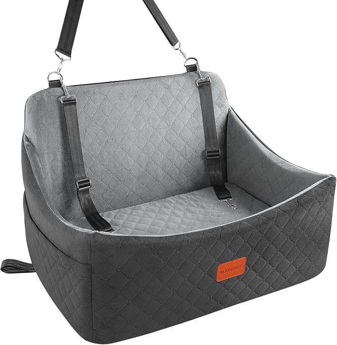 Dog Car Seat for Medium & Large Dogs Up to 55lbs, Memory Foam Cushion, Washable Cover, Safety Straps & Non-Slip Base(Black/Grey,Large)-PawvioPets