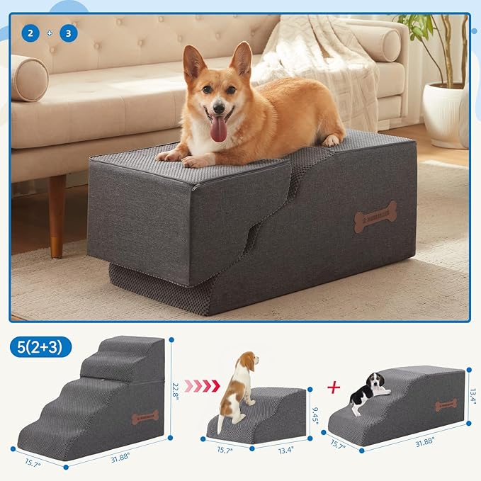 5-Step Spliceable Pet Stairs: Indoor& Outdoor Multi-Use with a Removable Cover and a Pocket, Best for Small Pets and Older Dogs Who Has Spine and Arthritis Issues to Get on High Beds, Grey（22.8" H-PawvioPets