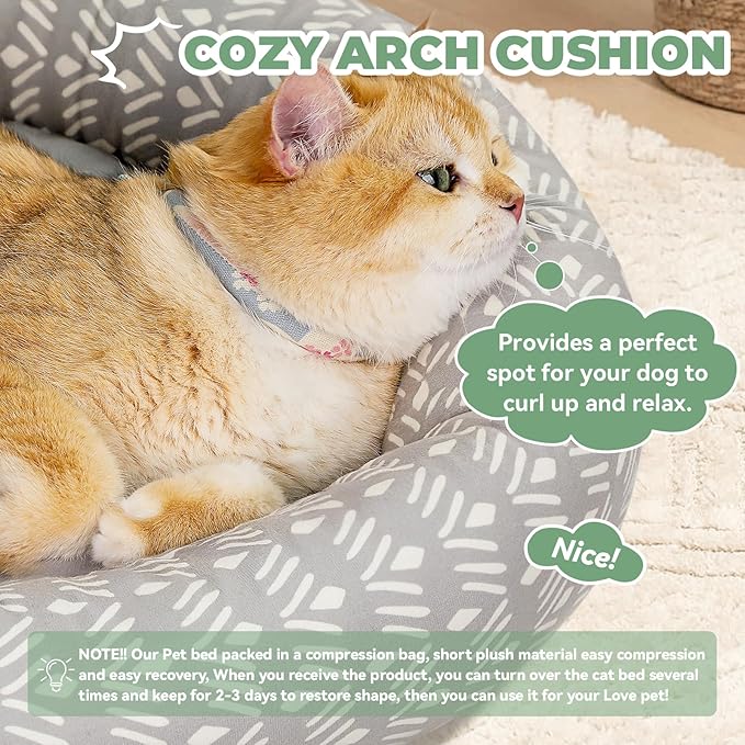 Cat Bed, 20In Dog Beds for Small Dogs, Calming Cat & Dog Beds for Indoor Pets, Pet Beds Comfortable Donut Round Ultra Soft (Grey Pattern, 20.0" L x 20.0" W x 6.5" Th)-PawvioPets