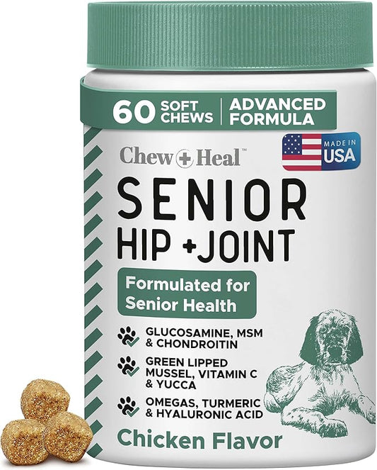 Glucosamine for Dogs Hip and Joint Supplement - 60 Senior Dogs Mobility Soft Chews - Made with Glucosamine, MSM, Chondroitin, Green Lipped Mussels and More - Made in The USA-PawvioPets