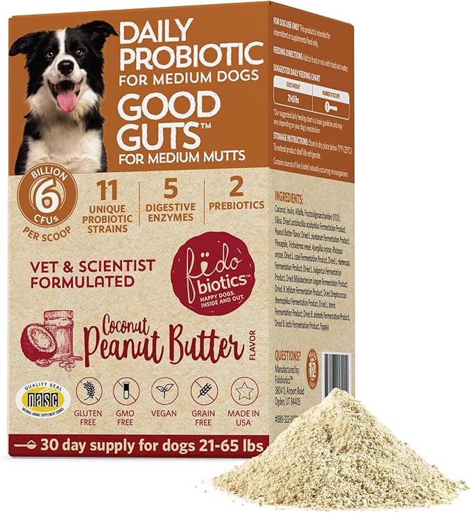 Fidobiotics Good Guts for Medium Mutts Probiotic for Dogs, 6 Billion CFUs, 11 Strains, 5 Digestive Enzymes, 2 Prebiotics, Digestive Gut Health for Dogs, Adult & Puppy Probiotics Supplements (30 Days)-PawvioPets