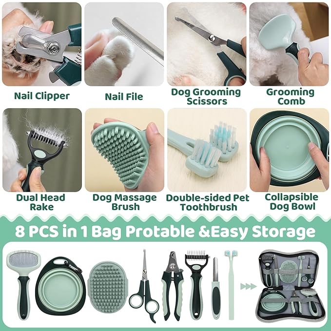 8-in-1 Pet Grooming Kit for Dogs & Cats - Includes Slicker Brush, Nail Clippers, Comb, Scissors, Toothbrush & Collapsible Bowl - Deshedding, Hair Trimming & Care Set, Travel Bag-PawvioPets