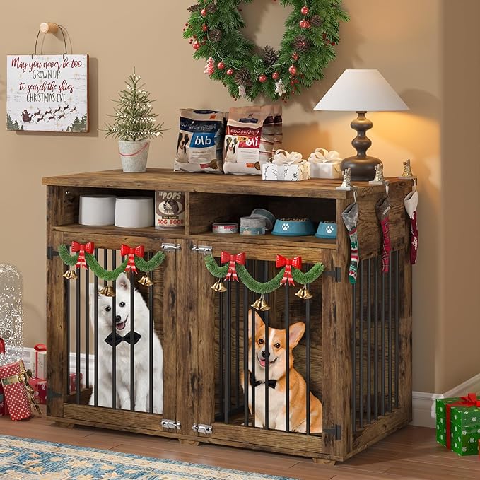 Furniture Dog Crate for 2 Dogs, 41 Inch Dog Kennel Furniture with Removable Divider and Shelf Storage, Wooden Dog Crate for Small/Medium Dogs, Rustic Brown-PawvioPets