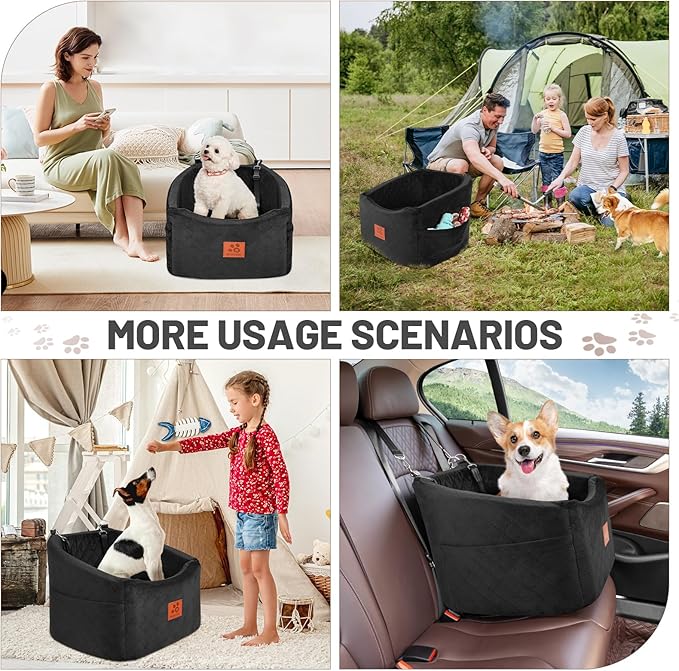 Dog Car Seat for Small Medium Dogs, Memory Foam Booster Car Seat for Dogs up to 35 lbs, Elevated Pet Car Seat, Travel Safety Bed with Washable Removable Cover and Storage Pockets(Black)-PawvioPets