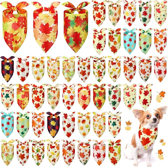 Abbylike 50 Pcs Fall Dog Bandana Bulk Maple Leaves Bandana for Dogs Triangle Kerchief Bibs Scarf for Small Medium Large Pet Autumn Thanksgiving Costume Accessories, 25 Styles (25.6 x 17.7 x 17.7 Inch)-PawvioPets
