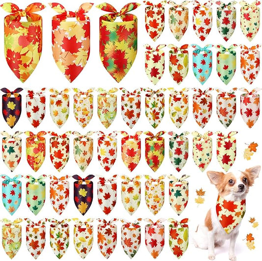 Abbylike 50 Pcs Fall Dog Bandana Bulk Maple Leaves Bandana for Dogs Triangle Kerchief Bibs Scarf for Small Medium Large Pet Autumn Thanksgiving Costume Accessories, 25 Styles (25.6 x 17.7 x 17.7 Inch)-PawvioPets