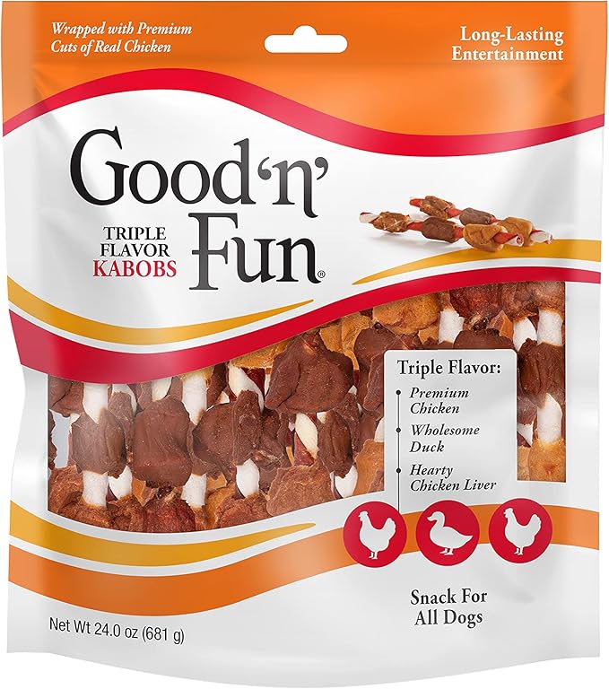 Good ‘n’ Fun Triple Flavor Kabobs Chews for All Dogs, 24 Ounces, Treat Your Dog to Chews Made from Beef Hide, Real Chicken, Pork Hide, Duck and Chicken Liver-PawvioPets
