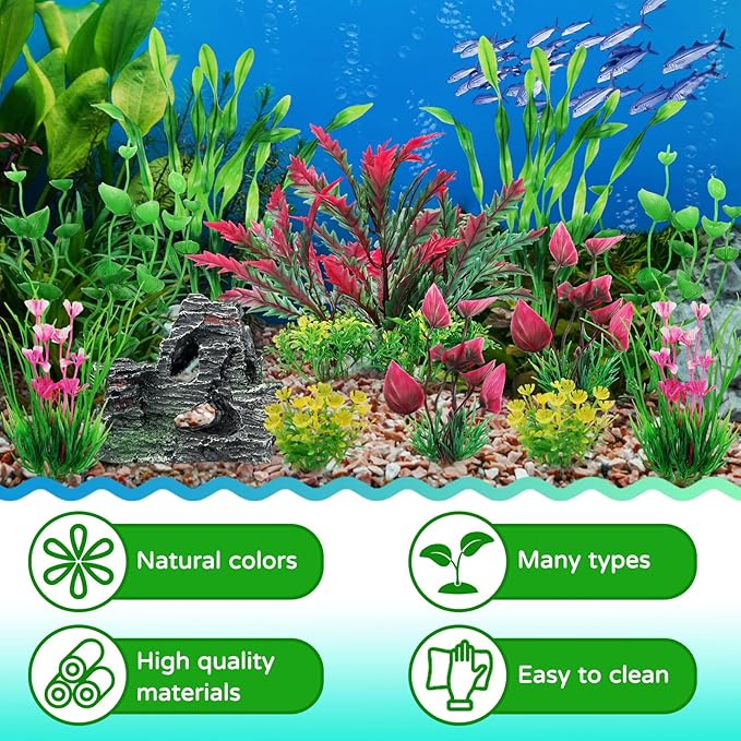 Fish Tank Accessories Aquarium Plants, 12pcs Colorful Fish Tank Artificial Plants and Cave Rock Decor Set, Aquarium Decorations Plants-PawvioPets