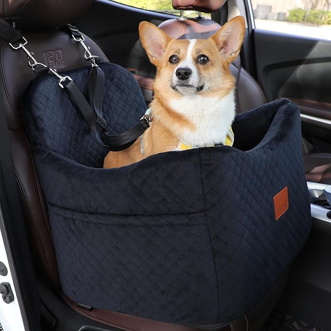 Dog Car Seats-Memory Sponge and Velvet Pet Booster Car Seat,Safety and Comfy,Ride Height 6" Elevated Enough to See Out The Window,Both Front and Back Seats Apply,Esay to Install and Clean.(H-Black)-PawvioPets