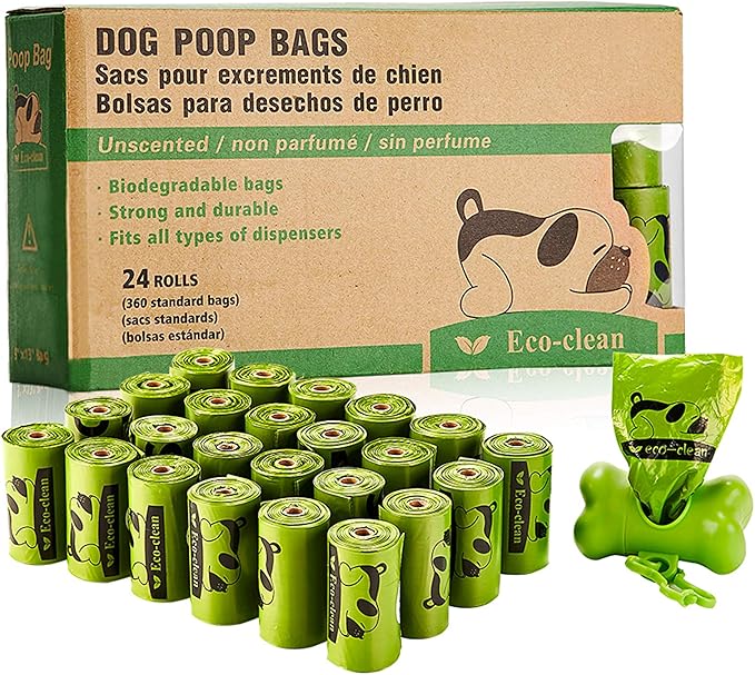 ECO-CLEAN Dog Poop Bags, 24 Rolls/360 Bags with Dispenser, Dog Waste Bags, Unscented, Leak-Proof, Easy Tear-Off-PawvioPets