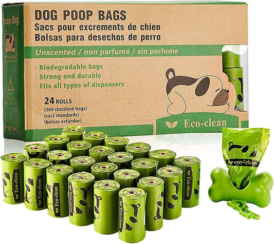 ECO-CLEAN Dog Poop Bags, 24 Rolls/360 Bags with Dispenser, Dog Waste Bags, Unscented, Leak-Proof, Easy Tear-Off-PawvioPets