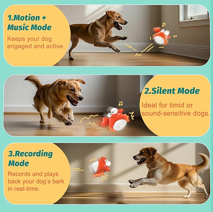 Crab Interactive Dog Toys – Rechargeable Self-Play Toy with Motion-Activated Ball & Music Recording Modes for Small, Medium & Large Dogs, Moving Dog Toy to Keep Them Busy-PawvioPets