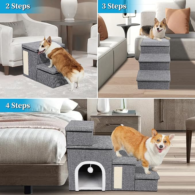 Dog Stairs for Bed and Couch 23“H, Foldable Dog Stairs for Small Older Dogs, 4 in 1 Adjustable Pet Cat Steps Ramps with Storage, Condo, Cat Scratcher, Hold Up to 180LBS, 4 Steps-PawvioPets