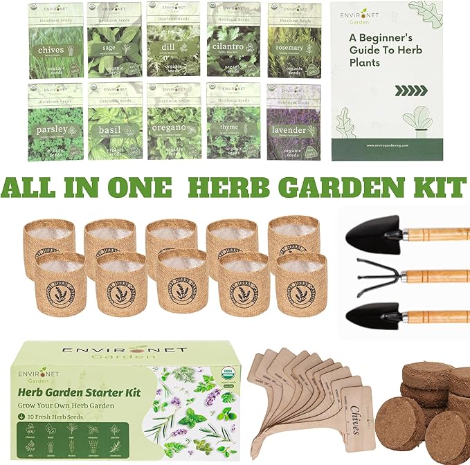 10 Indoor Herb Garden Kit- Burlap Pots, Organic Seeds, Herb Garden Planter Indoor Kit, Easy Window & Kitchen Herbs Growing Kit, Cilantro, Basil, Sage, Oregano, Parsley, Dill, Chives etc.-PawvioPets