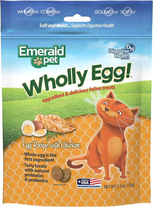 Emerald Pet Wholly Egg Digestive Health Cat Treats - Soft and Moist cat Treats for Healthy Digestion - Natural Prebiotics and Probiotics for cat Digestion - Chicken Treats, 2.5 oz-PawvioPets