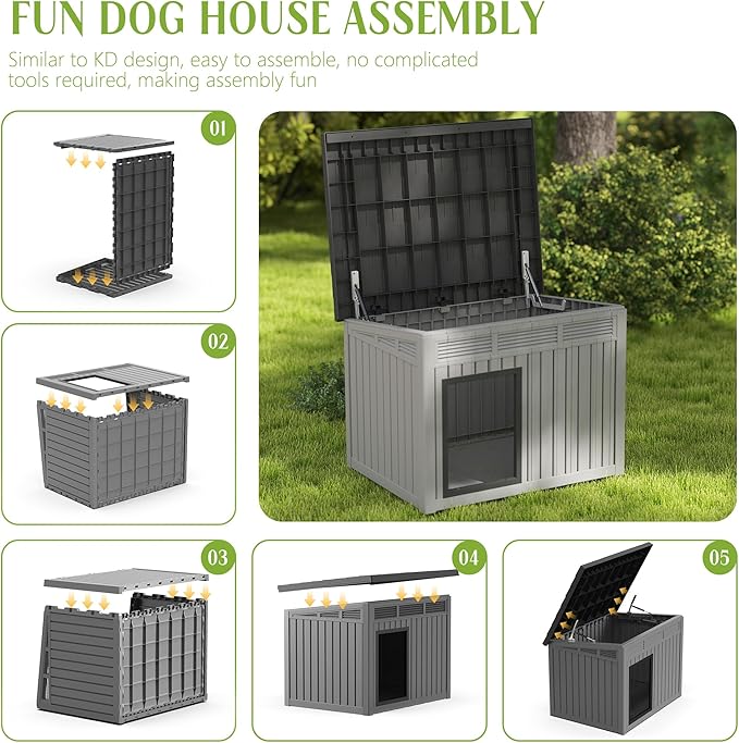 Dog House Indoor Outdoor,Resin Waterproof Puppy Shelter with Air Vents and Elevated Floor,Air Rod on Top to Open,Dog Kennel for Small to Large Dogs(Grey,42.87 * 32.95 * 31.61)-PawvioPets