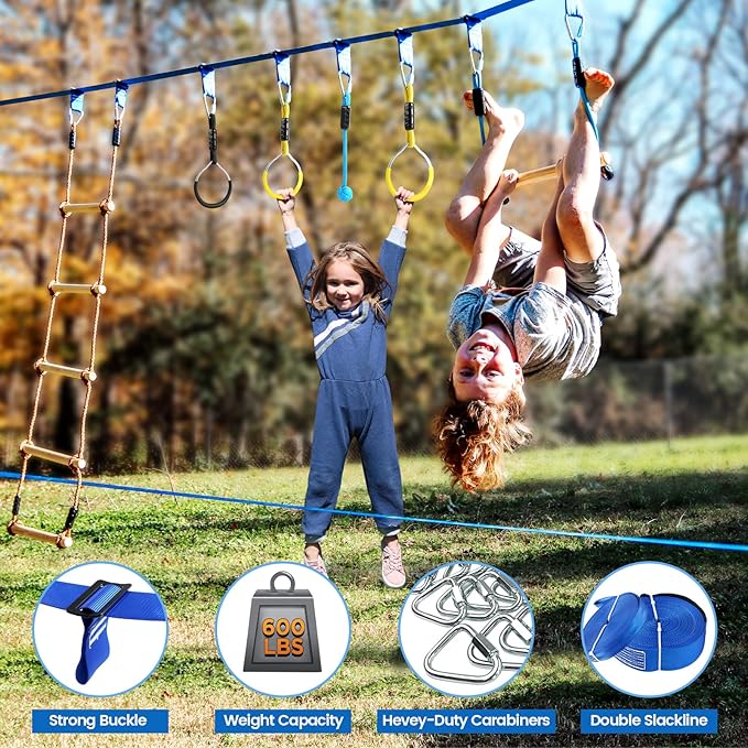2×56ft Ninja Warrior Obstacle Course for Kids - 600 lbs Weight Capacity, Slackline Obstacle Course with 8 Ninja Accessories - Monkey Bar, Rope Ladder, Gymnastic Ring, Arm Trainer and Monkey Fist-PawvioPets