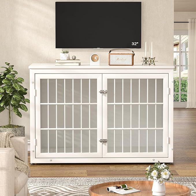 48" Heavy Duty Dog Crate Furniture for Large Dogs, Metal Cage for High Anxiety Dogs, Wooden Kennel Furniture Indoor, Decorative Dog Kennel End Table, XL,White-PawvioPets