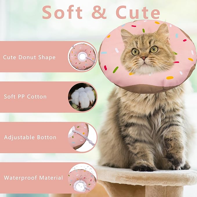 Cat Cone Collar Soft, Adjustable Cat Recovery Collar Kitten Cones to Stop Licking, Cute Donut E Collar After Surgery, Cats Neck Pillow Cone Elizabethan Cones of Shame (Waterproof Pink, Large)-PawvioPets