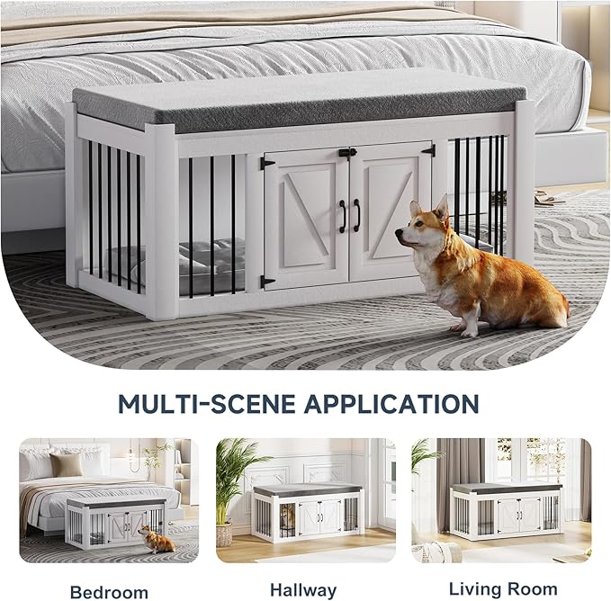 Dog Crate Furniture with Padded Seat, Luxury Wooden Dog Kennel, End of Bed Bench Ottoman with Removable Cushion for Bedroom, Living Roome, White-PawvioPets