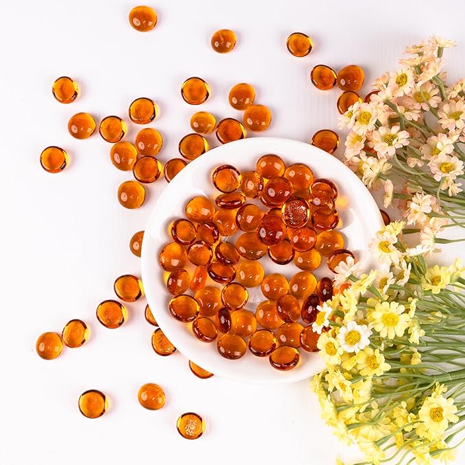 1LB Glass Marbles, Transparent and Smooth Flat Glass Beads for Vases, Mosaic Gem Pebbles for Aquarium Decor, Floral Arrangements, Mancala Stones, Vase Filler and Crafts, Orange-PawvioPets