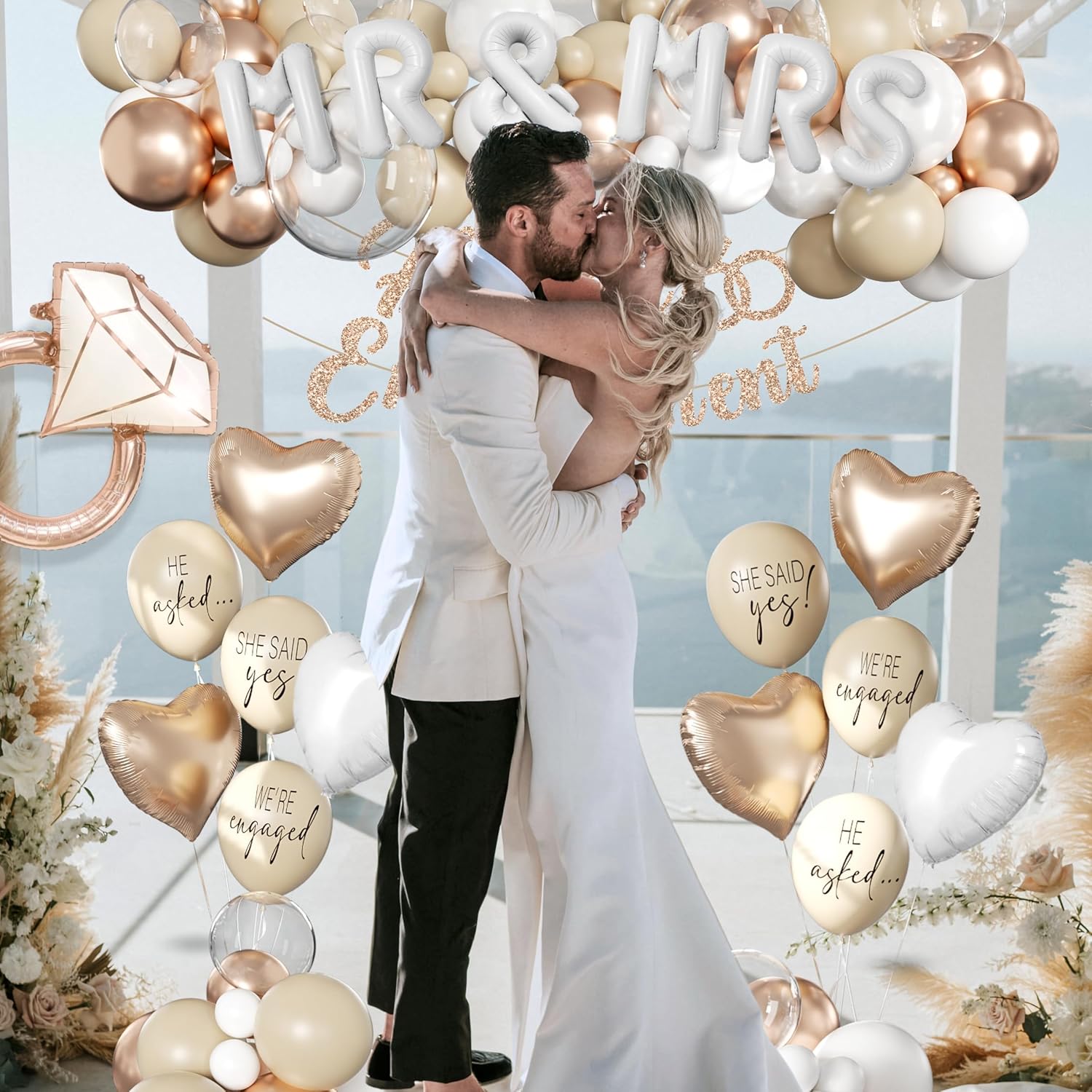 261 Pc Premium Engagement Party Decorations Kit – Elegant Mr. & Mrs. Wedding Balloons, Happy Engagement Banner, Diamond Ring White Gold Balloons, Cupcake Toppers – Classy Bride To Be Decor
