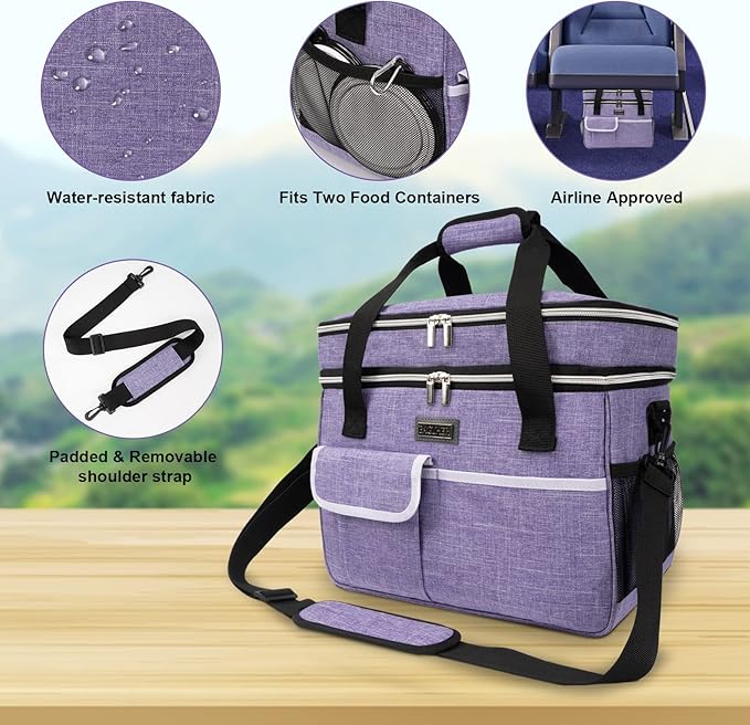 BAGLHER Dog Travel Bag for Supplies - Double-Layer Airline Approved Weekend Pet Travel Organizer Set for Dog and Cat Tote with 2 Pet Food Containers and 2 Collapsible Silicone Bowls Purple-PawvioPets