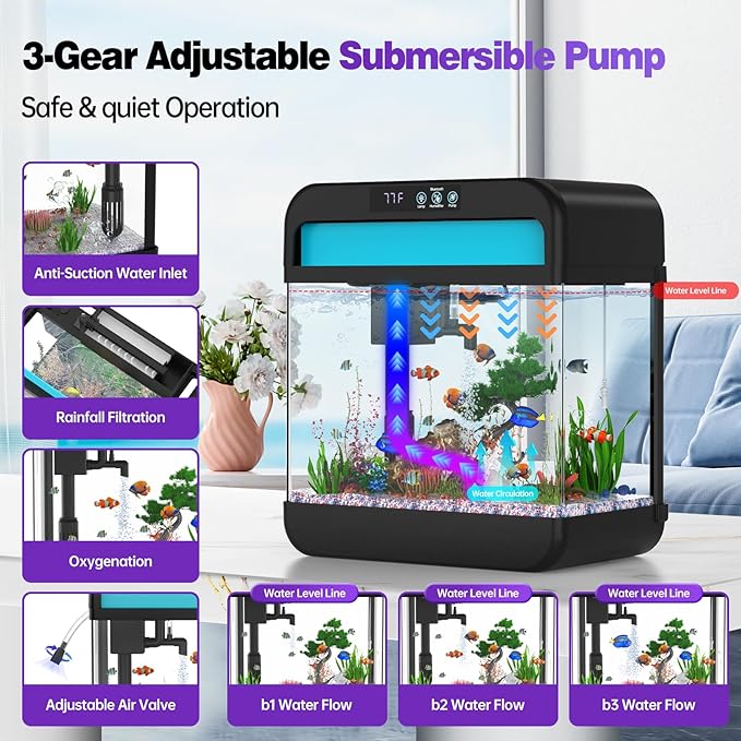 Fish Tank 2.2 Gallon Fish Aquarium with Music Humidifier 7 Color Auto-Looping Light Adjustable Water Pump with Filtration & Aeration & Circulation, Temperature Display, Bottom Water Changer-PawvioPets