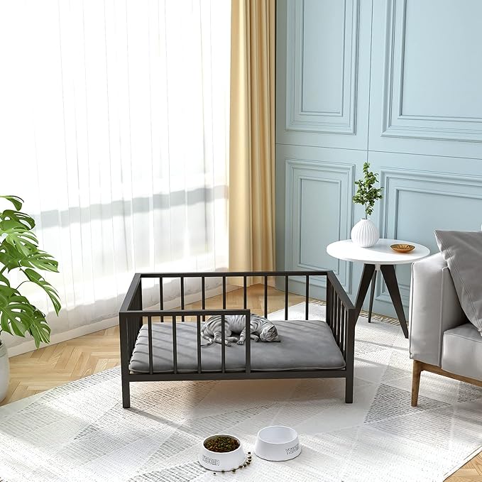 Dog Bed with Rails - Elevated Pet Metal Bed Frame with Solid Wood Board and Washable Soft Mat for Medium Dog Indoor or Outdoor Use, 25.2" x 37.8", Black-PawvioPets