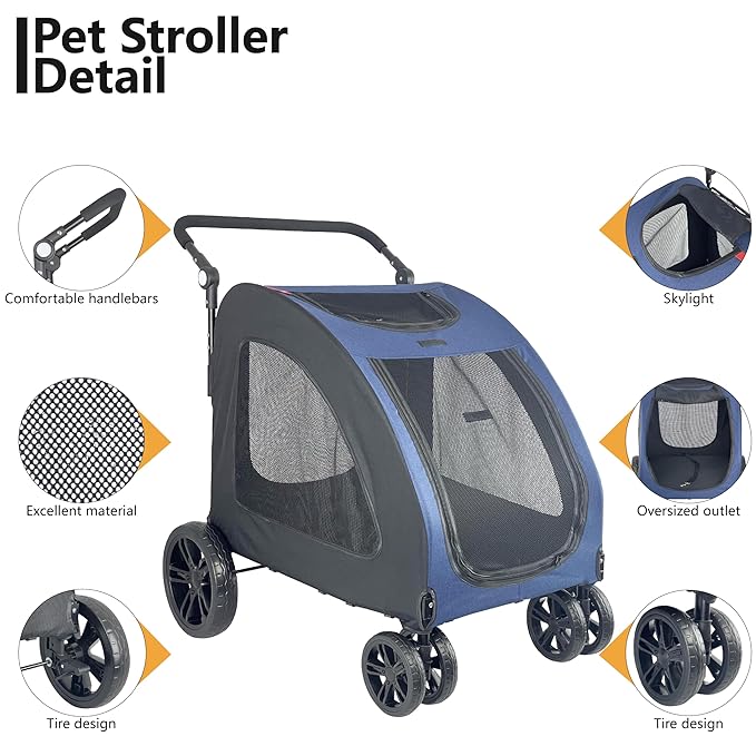 Extra Large Dog Stroller for Medium & Large Pets - Foldable Design, Adjustable Handle, Up to 130 lbs(Blue)-PawvioPets