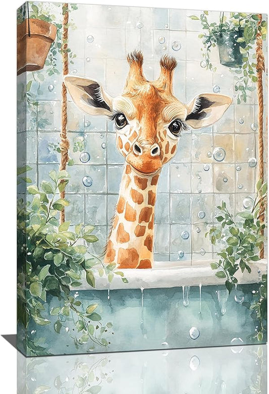 Bathroom Funny Giraffe Pictures Wall Art, Watercolor Giraffe Bathroom Wall Decor, Animal Framed Painting Canvas Artwork for Living Room Decorations 24"L x 16"W-PawvioPets