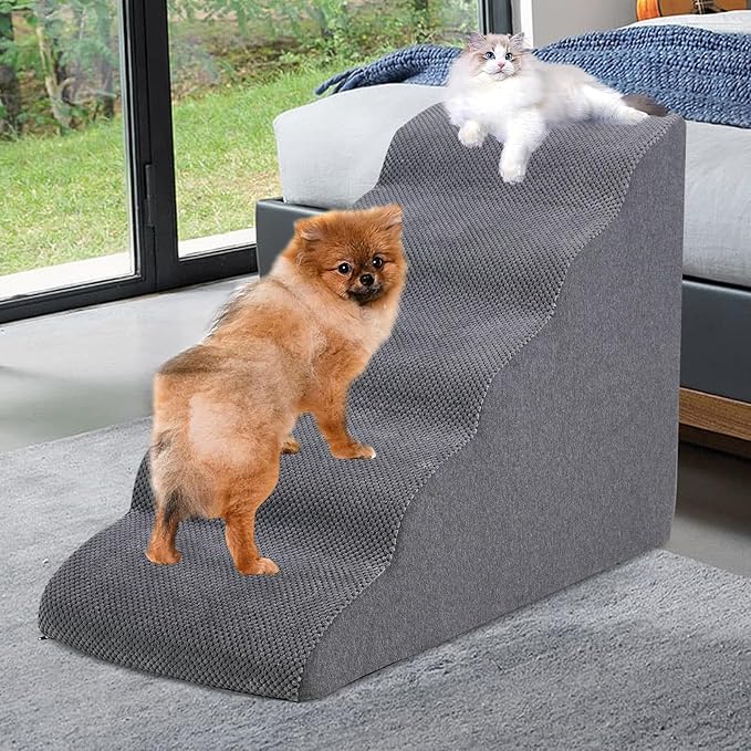 Dog Stairs&Steps for High Beds Up to 28'', 5-Step Dog Ramp for Small Medium Dogs with Washable Cover, Non-Slip Steps for Cats to Get on Couch and Sofa, Durable Foam Ladders, 24.4" Tall, Grey-PawvioPets