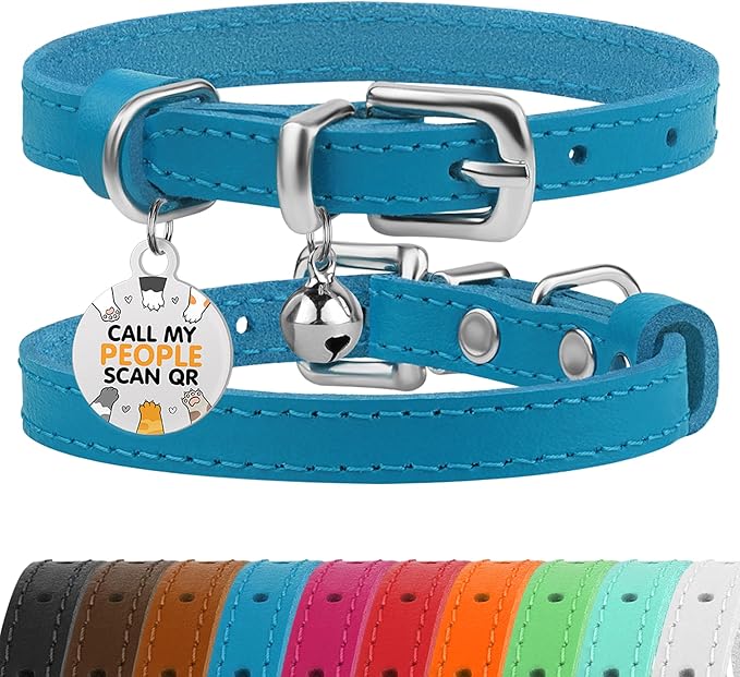 BRONZEDOG Leather Cat Collar with Removable Bells Non Breakaway Kitten QR Tag for Girl Boy (7" - 9" for Cats, Blue & Silver)-PawvioPets