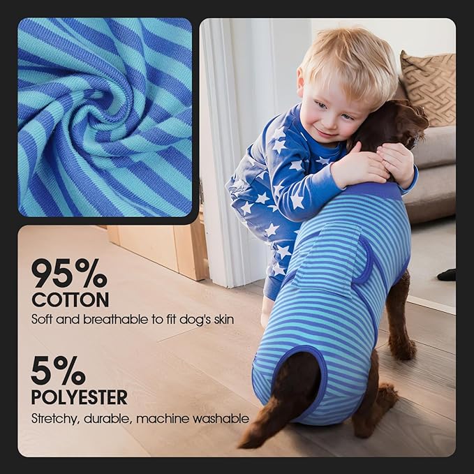 FUAMEY Recovery Suit for Dogs After Surgery,Soft Breathable Dog Bodysuit E-Collar & Cone Alternative Surgical Suit,Male Female Dog Neuter Spay Suits Anti Licking Wounds Onesie Navy Blue Strips XS-PawvioPets