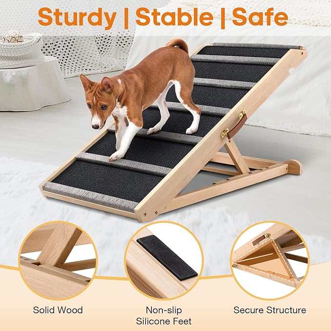 Dog Ramp for Bed - Extra Wide - Excellent Traction, Pet Ramp for Small Large Dogs to Get on Couch Car, Non-Slip Rubber Surface, 17’’W, Hold up to 200lb, Adjustable, Foldable (200LBS)-PawvioPets