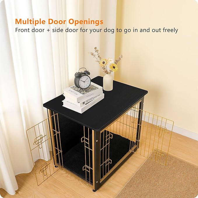 DWANTON Dog Crate Furniture with Cushion, Wooden Kennel Table with Double Doors, Indoor Dog House, Small/Medium/Large Size, 27.2" L, Black+Gold-PawvioPets