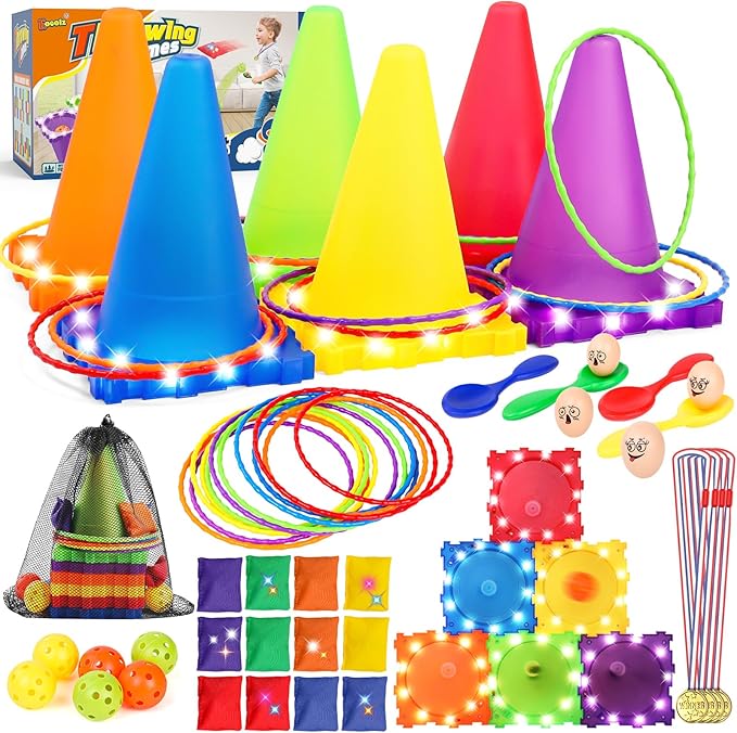 Eocolz 49PCS Carnival Games Outdoor Combo Set for Kids with LED Light, Plastic Cones Obstacle Course Bean Bags Balls Ring Toss Game Egg and Spoon Race Lawn Game, Gift for Birthday Party/Xmas/Easter-PawvioPets