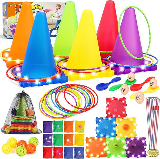 Eocolz 49PCS Carnival Games Outdoor Combo Set for Kids with LED Light, Plastic Cones Obstacle Course Bean Bags Balls Ring Toss Game Egg and Spoon Race Lawn Game, Gift for Birthday Party/Xmas/Easter-PawvioPets