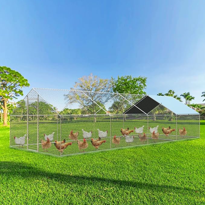 4ever2buy Large Metal Chicken Coop with Run Walk-in Poultry Cage Chicken Runs House Pen Cage Spire Roofed Chicken Coops with Anti-Ultraviolet Cover for Outdoor Backyard Farm Use 9.5’Lx24.9’Wx6.4’H-PawvioPets