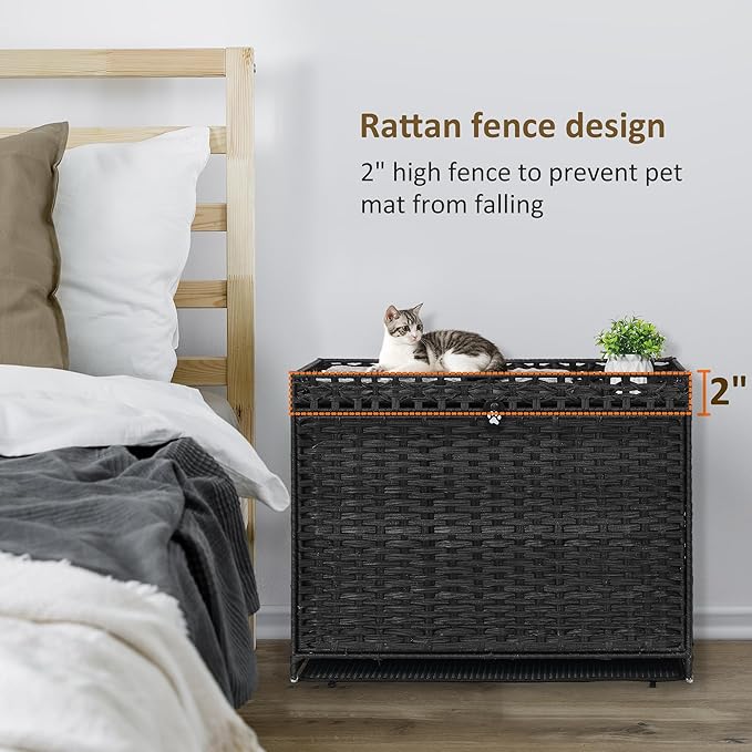 Cat Litter Box Enclosure with Soft Litter Mat; Hidden Cat Washroom Furniture with Door; Handwoven Rattan Cat House with Large Space; Pet Crate for Living Room, Bedroom, Balcony (Black)-PawvioPets