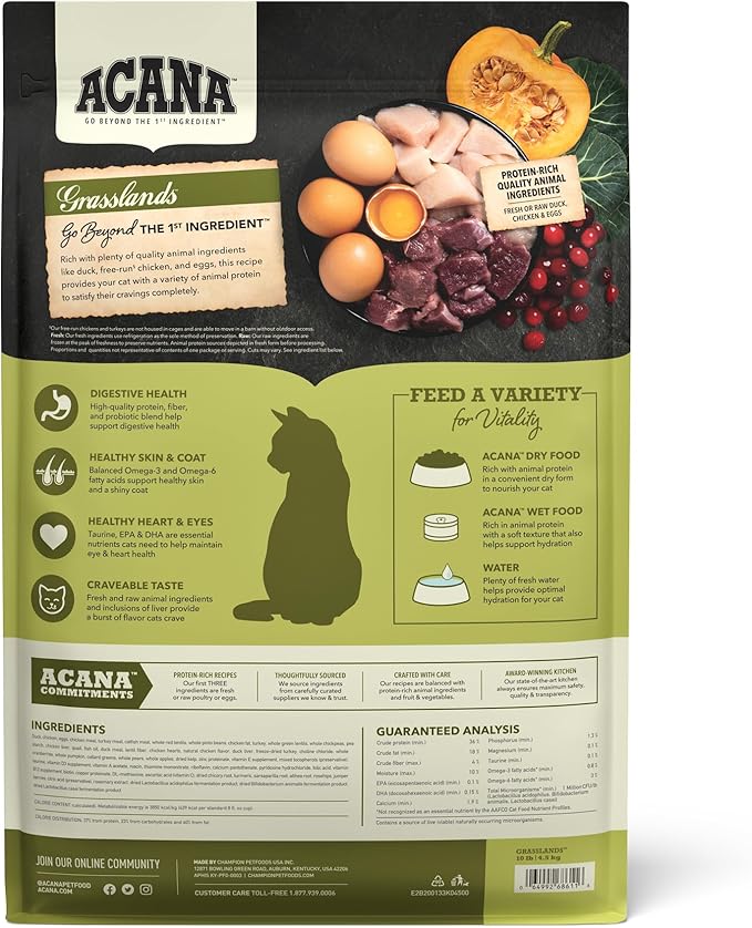 ACANA Grain-free Dry Cat Food Grasslands Chicken Duck Turkey Fish and Quail 10lb Bag-PawvioPets