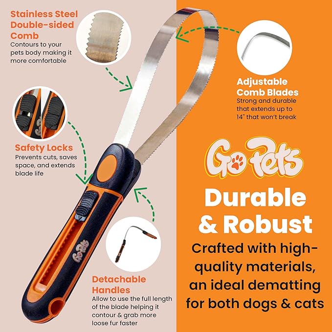 GoPets Deshedding Blade Rake, Adjustable Professional Dematting Grooming Tool, Stainless Steel Blades, Fur Removal Comb for Shedding, Comfortable Handle, Suitable for Cats & Dogs-PawvioPets