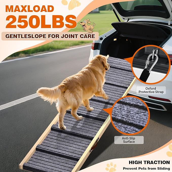Dog Ramp for Car, 71''x 17'' Extra Long Deluxe Telescoping Design Wooden Pet Ramp, Pet Stair Ramps for Truck SUV with Non-Slip Surface, Portable Outdoor Dog Steps for Medium Large Dogs, Up to 250LBS-PawvioPets