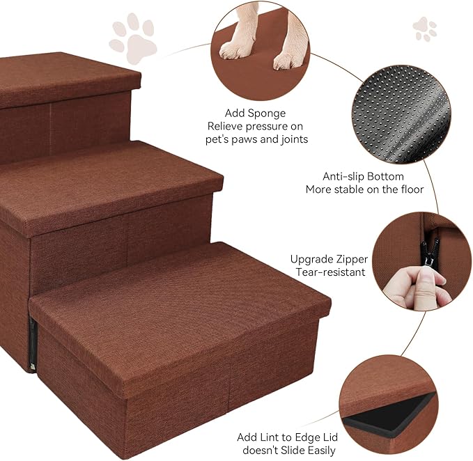 Dog Stairs with Condo 18" H, 3-Step Wider Dog Steps for High Beds Couch, Folding Storage Pet Stairs Gift for Small/Medium/Large Old Dogs Cats, Ramp for Climbing Car Up to 200 lbs, Brown-PawvioPets
